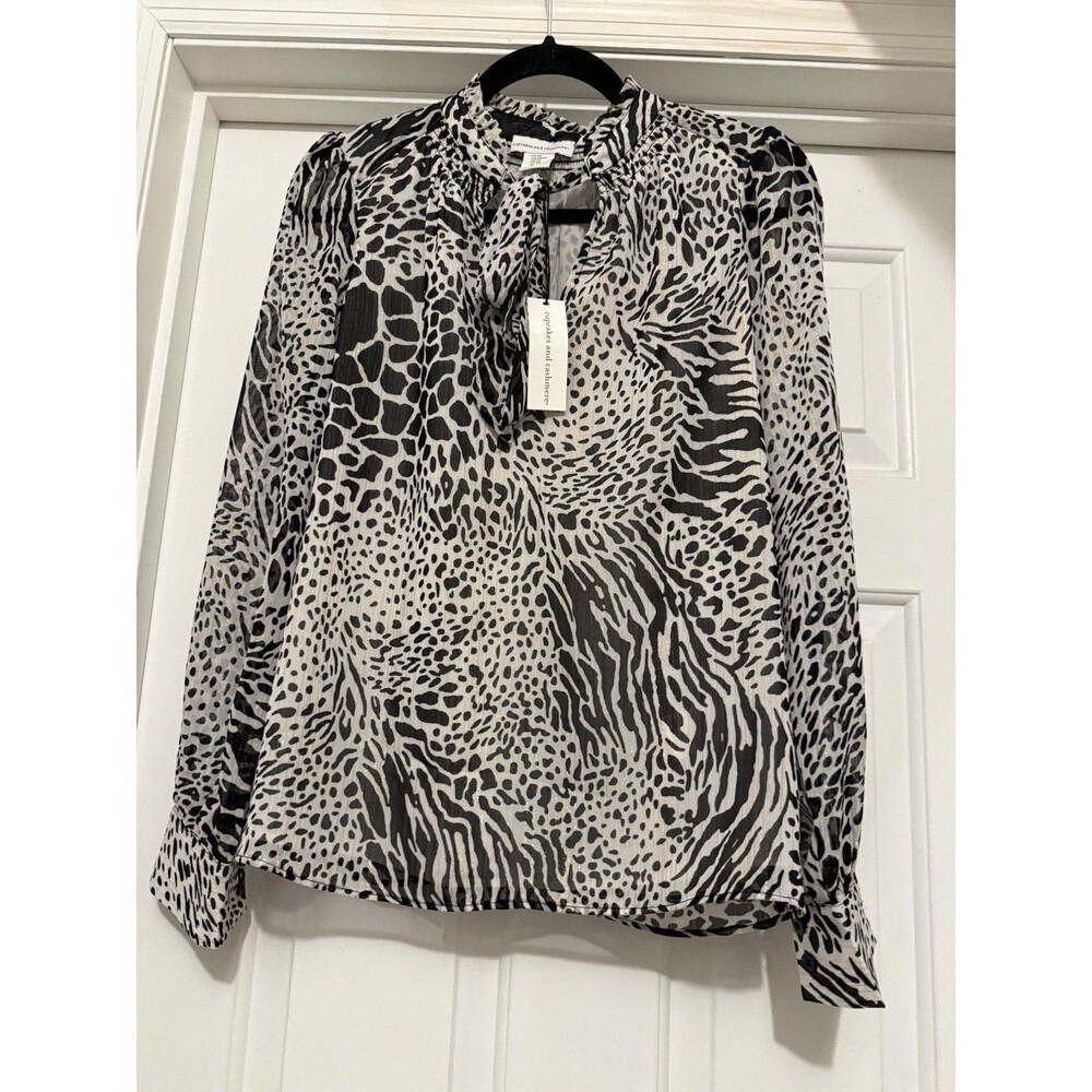 Cupcakes and Cashmere Animal Print Blouse Black & White Sheer XS Business Casual